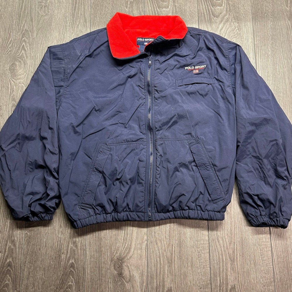 Vintage Polo Sport Ralph Lauren XL Navy Blue Red Fleece Lined Jacket Mens XL